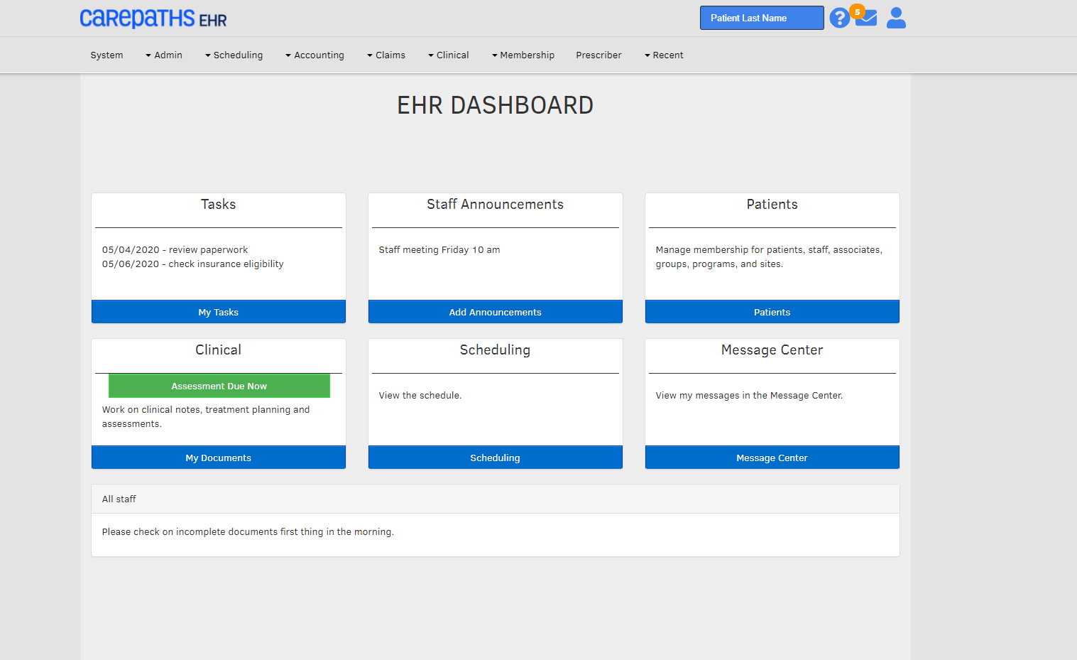 screenshot of CarePaths EHR